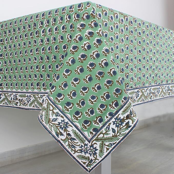 Ridhi Hand Block Print Basil Green Rectangle Cotton Tablecloth 120" x 80" Reusable Table Cover Decorative Everyday Use for Dining, Farmhouse, Home Gift for Spring, Easter, Valentine