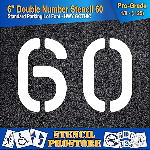 Pavement, Curb, and WheelStop Stencils - 6 inch Double Number Stencil - (60) - 6" x 9" x 1/8" (128 mil) - Pro-Grade