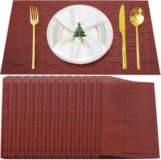 Placemats Set of 12,Washable,Heat and Stain Resistant Indoor/Outdoor Place mats,Vinyl Woven Non Slip Table Mats for Restaurant Table Protection,PVC Placemats(Red,12PCS)