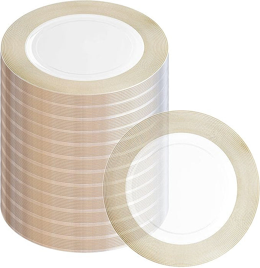 PARTY BARGAINS 13-Inch Charger Plates - 96 Pack, Clear Gold Rope Textured Rim, Heavy-Duty Disposable Chargers for Elegant Dining - Ideal for Weddings and Formal Events