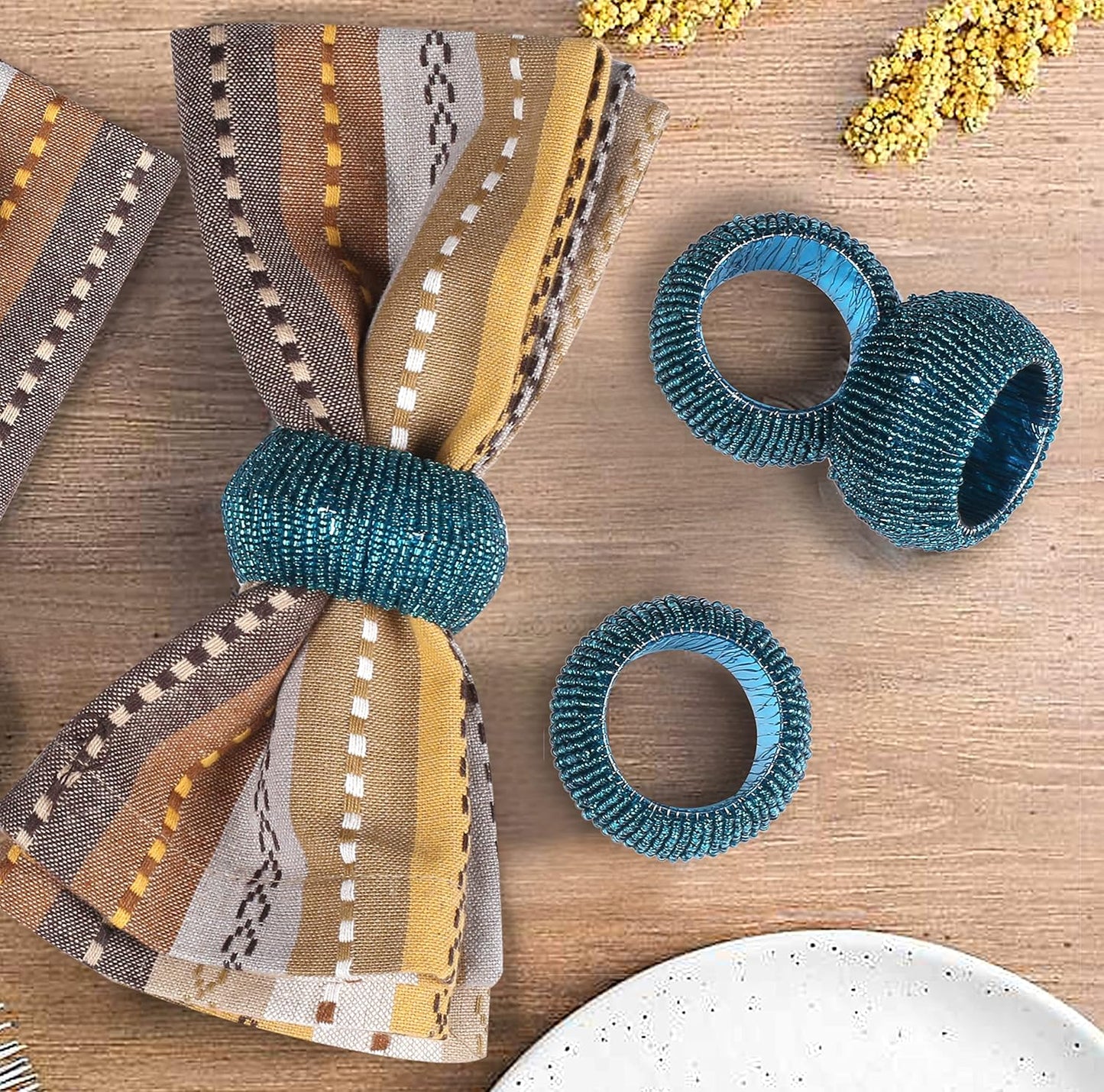 Goroly Home Beaded Napkin Rings Set of 4, Hand Made Round Beaded Napkin Rings for Christmas Thanksgiving Dinner Table Decor, Teal