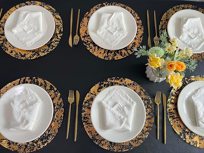 Disposable Black and Gold Placemats Set of 100 Metallic Thin Round 13 Inch Gold Doilies Mesh Pressed Fall Table Placemates 100 Pack Charger Plates for Wedding, Birthday Party