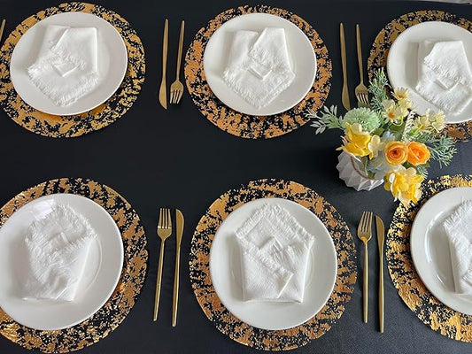 Disposable Black and Gold Placemats Set of 100 Metallic Thin Round 13 Inch Gold Doilies Mesh Pressed Fall Table Placemates 100 Pack Charger Plates for Wedding, Birthday Party