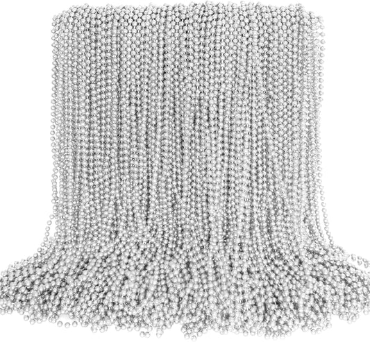 100PCS Bead Necklace, Silver Mardi Gras Beads Stuff Party Favors, Christmas 33" Toy Necklaces Costume, Festival Parade Throw Accessories for Wedding Birthday Celebrations Decoration