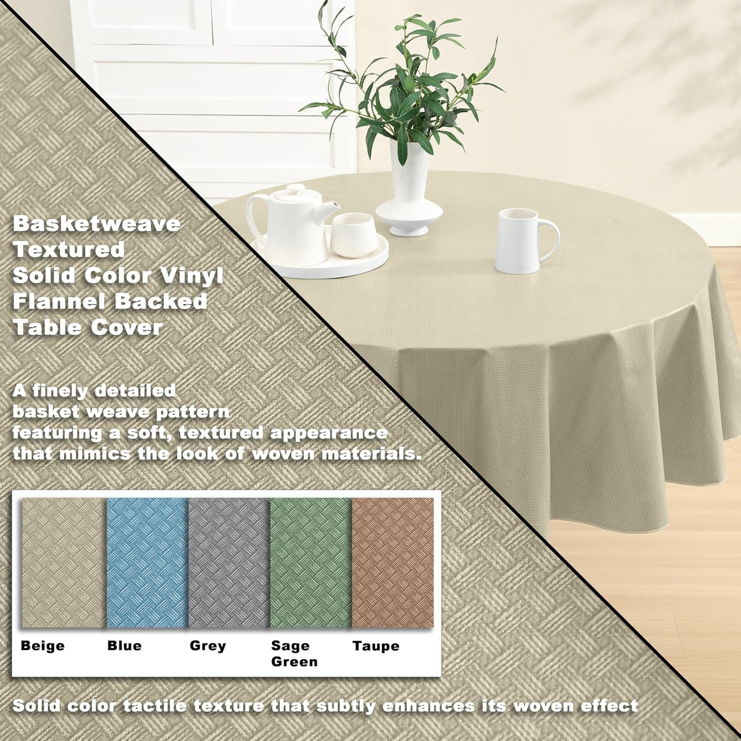 Newbridge Basketweave Vinyl Flannel Backed Tablecloth, 70 Inch Round, Natural, Basket Weave Textured Indoor Outdoor Waterproof Table Cover for Patio, Kitchen, Dining