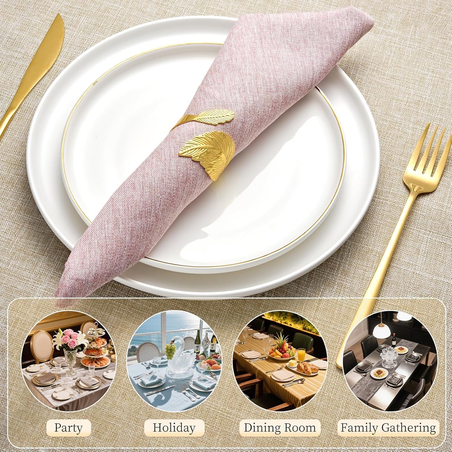 Gold Leaf Napkin Rings Set of 8,Metal Napkin Ring Holder Bulk for Holiday Party,Wedding,Banquet Elegant Table Setting,Classic Dining Room Decor (8)