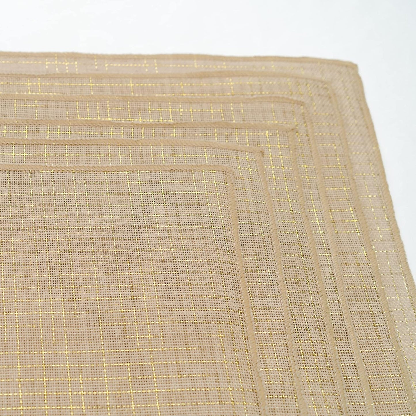 PapaKit Faux Burlap Glitzing Dinning Table Placemats (Set of 6) for Holidays, Wedding Decoration, Parties and Special Events Natural with Metallic Gold Stripes