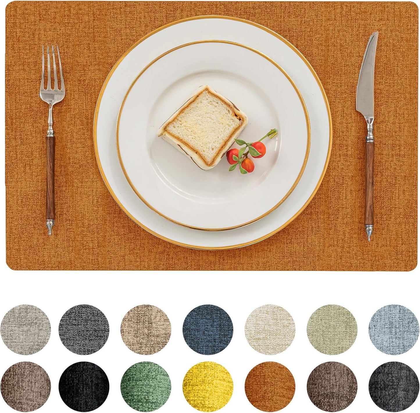 Romanstile Fall Vinyl Placemats Set of 6-12 X 18 Inch - Heat Resistant Place Mats 100% Waterproof Oilproof Wipeable Reversible Faux Leather Table Mats for Kitchen/Dining/Party/Outdoor, Orange