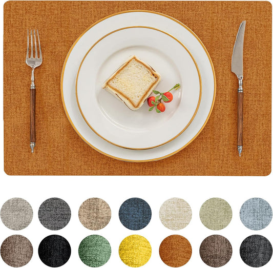 Romanstile Fall Vinyl Placemats Set of 6-12 X 18 Inch - Heat Resistant Place Mats 100% Waterproof Oilproof Wipeable Reversible Faux Leather Table Mats for Kitchen/Dining/Party/Outdoor, Orange