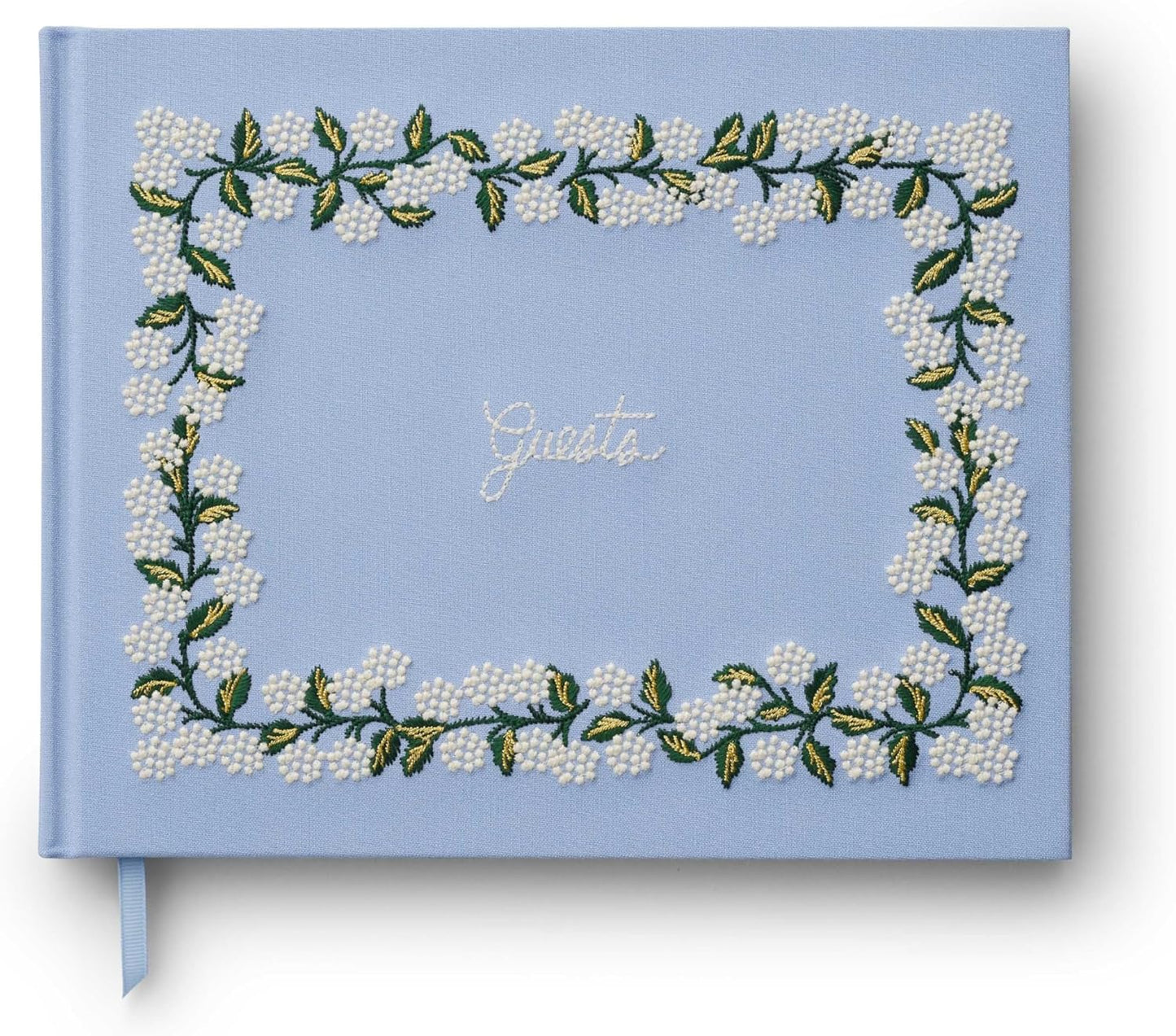 RIFLE PAPER CO. Hydrangea Embroidered Fabric Guest Book | Hard Cover Wrapped in Book Cloth & Ribbon Bookmark, (144 Ruled Pages Metallic Gold Ink, 10.25" W × 8.25" L)