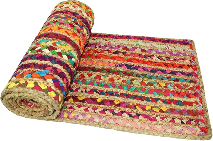 COTTON CRAFT Jute Chindi Table Runner - Braided Handwoven Reversible Tablerunner - Summer Fall Harvest Holiday Festive Party Boho Rustic Farmhouse Dining Kitchen Tabletop - 13 x 72 inch - Multicolor