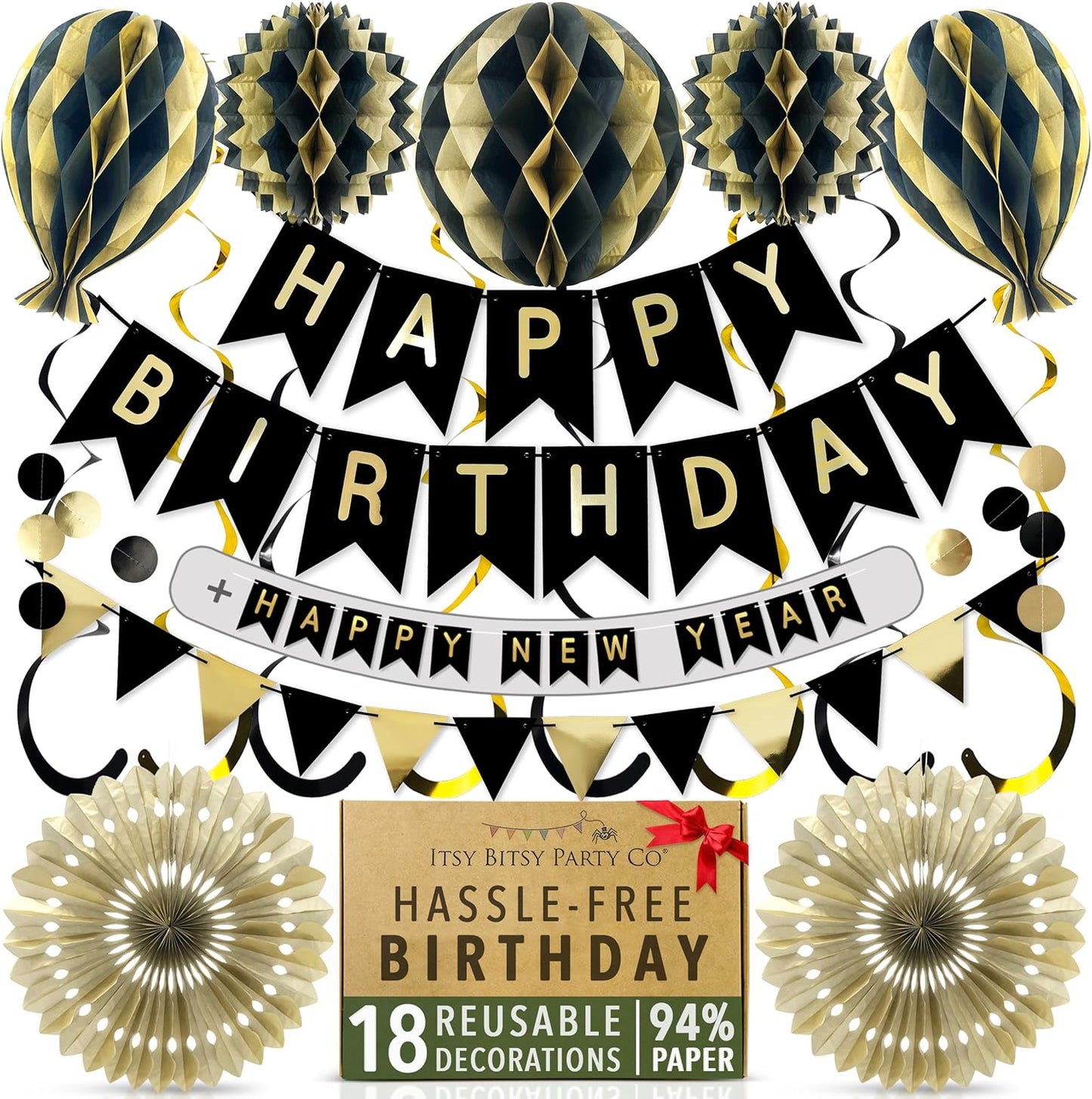 Premium Reusable - Black and Gold Birthday Decorations for Men and Women - Multi-occasion Banner, Pennant Banner, Paper Fans - Party Decor by Itsy Bitsy Party Co