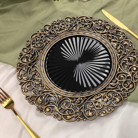 13inch Round Plastic Charger Plates,Set of 8,Charger Plates for Dinner,Wedding,Party,Event Decoration. (Black gold edge) …