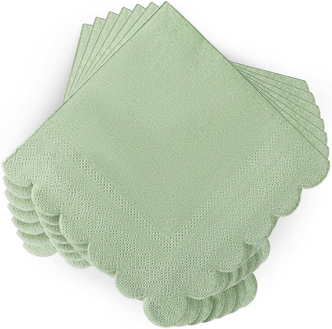 100 Pcs Sage Green Napkins Scalloped Edged Dessert Cocktail Napkins Folded 5 x 5 Inches Disposable Napkins for Dinner Wedding Birthday Party