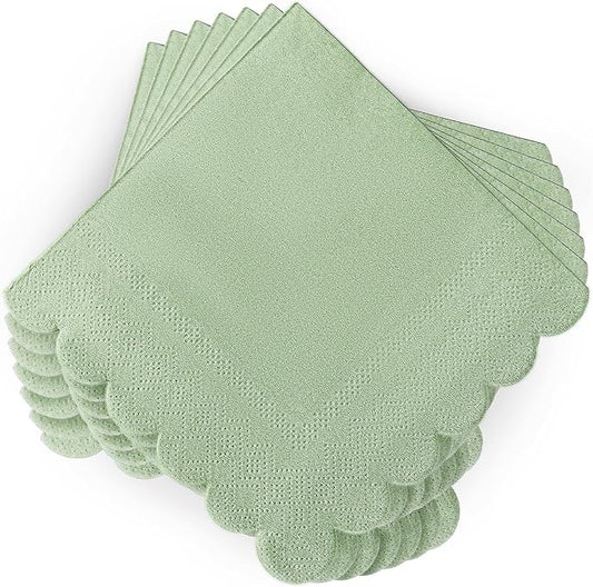 100 Pcs Sage Green Napkins Scalloped Edged Dessert Cocktail Napkins Folded 5 x 5 Inches Disposable Napkins for Dinner Wedding Birthday Party