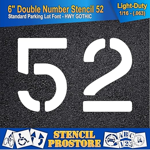 Pavement, Curb, and WheelStop Stencils - 6 inch Double Number Stencil - (52) - 6" x 9" x 1/16" (63 mil) - Light-Duty