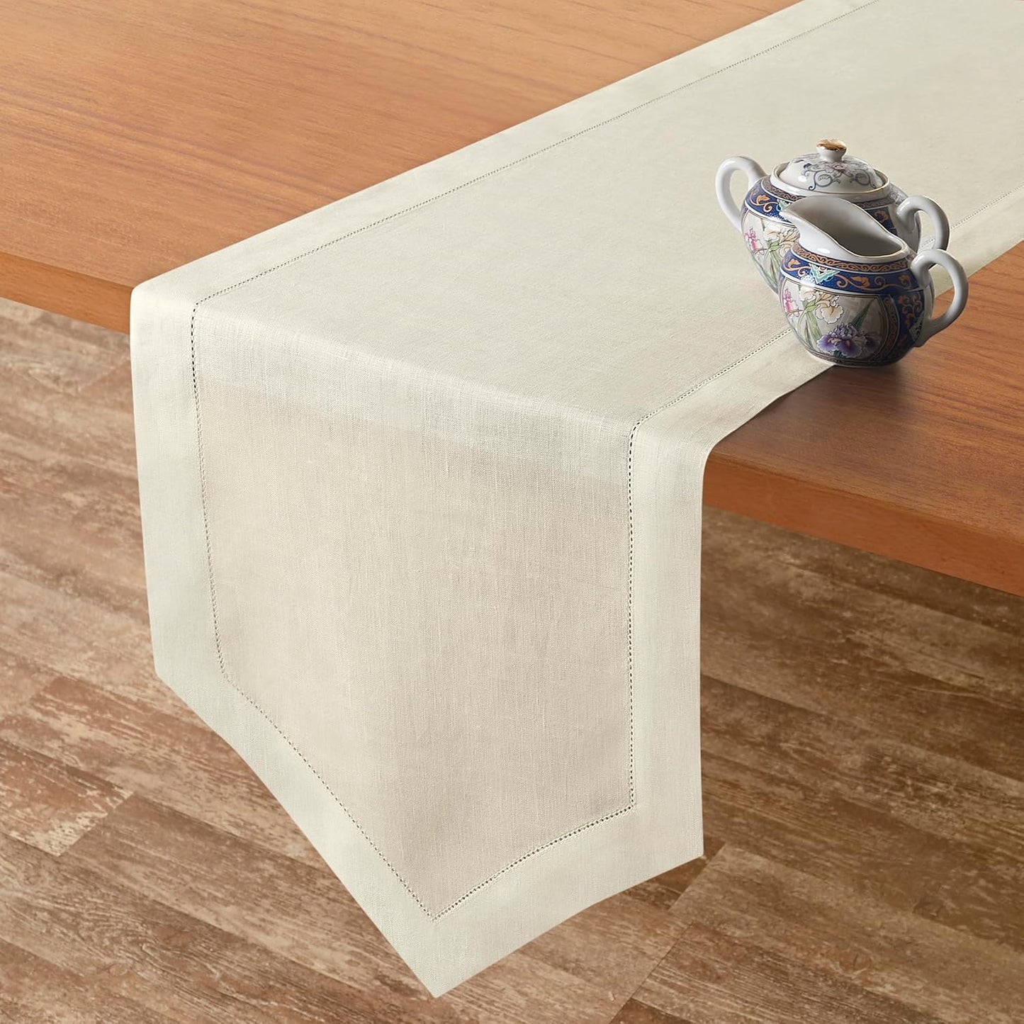 D'Moksha Homes Ivory Linen Table Runner 90 Inches Long - 100% Pure Linen Diamond Table Runner 14 x 90 Inch for Dining, Fall and Halloween - Machine Washable