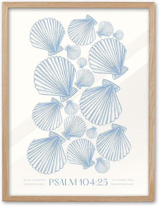 EcoHest Christian Bible Verse Framed Wall Art, 12x16 in OAK Wood Trendy Seashell Nautical Scripture Quote Canvas Wall Art, Psalm 104:25 Home Decor, Beige Logs Set of 1 for Bedroom Living Room