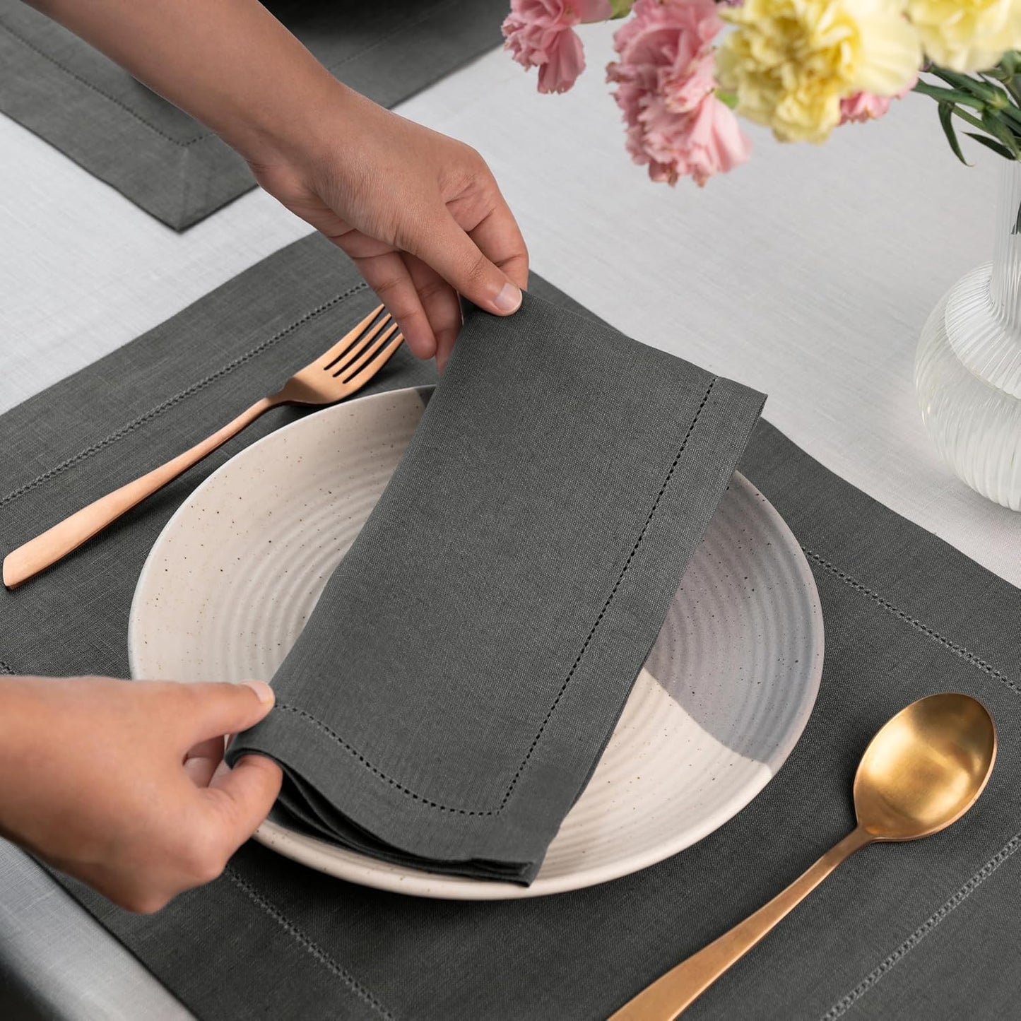 D'Moksha Homes Charcoal Grey Linen Napkins Set of 4 - Classic Hemstitch 100% Pure Linen Hemstitch Dinner Napkins 20 x 20 Inch for Thanksgiving, Holiday - Handcrafted and Machine Washable