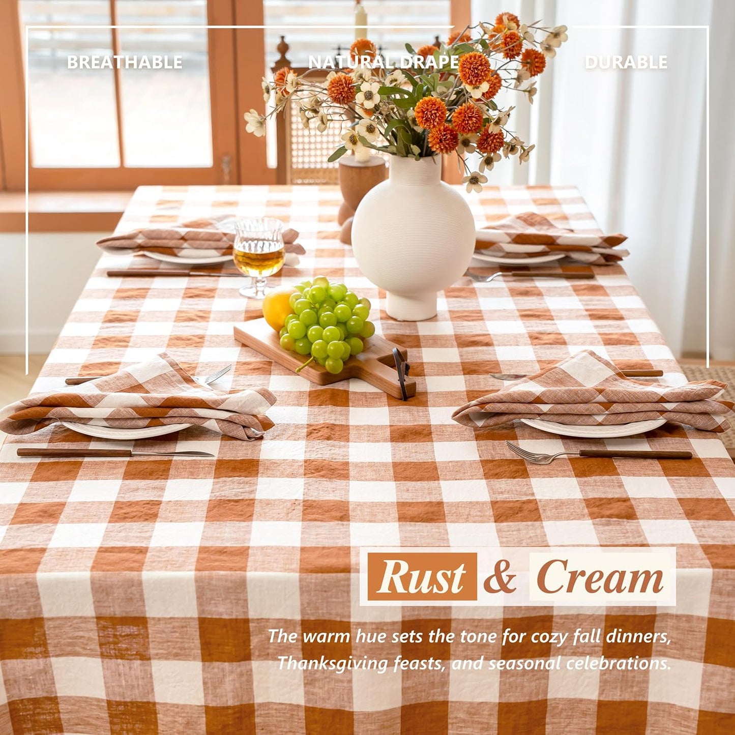 Linen World Gingham Tablecloth – Buffalo Plaid Linen Tablecloth 72" x 72" Inch,100% French Flax Table Cloth for Dining Table,Weddings,Thanksgiving & Christmas Decor,Rust Checkered