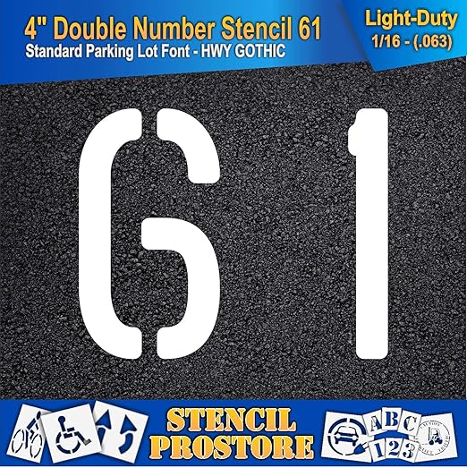 Pavement, Curb, and WheelStop Stencils - 4 inch Double Number Stencil - (61) - 4" x 4" x 1/16" (63 mil) - Light-Duty
