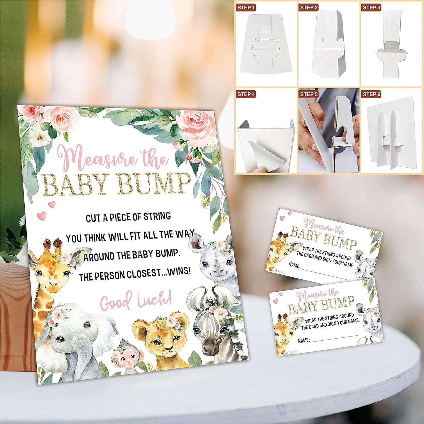 Baby Shower Games - Measure The Baby Bump Set - Watercolor Floral Safari Theme how big is mommy's belly - 1 Standing sign & 50 tickets - gender reveal party decorations & supplies -DWLK-A01