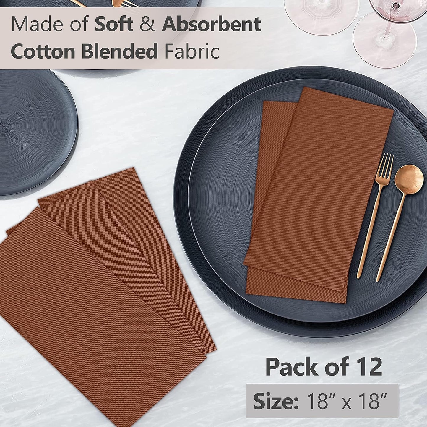 Ruvanti Cloth Napkins set of 12, 18x18 Inches Napkins Cloth Washable, Soft, Durable, Absorbent, Cotton Blend. Table Dinner Napkins Cloth for Hotel, Lunch, Restaurants, Weddings, Parties - Caramel Cafe