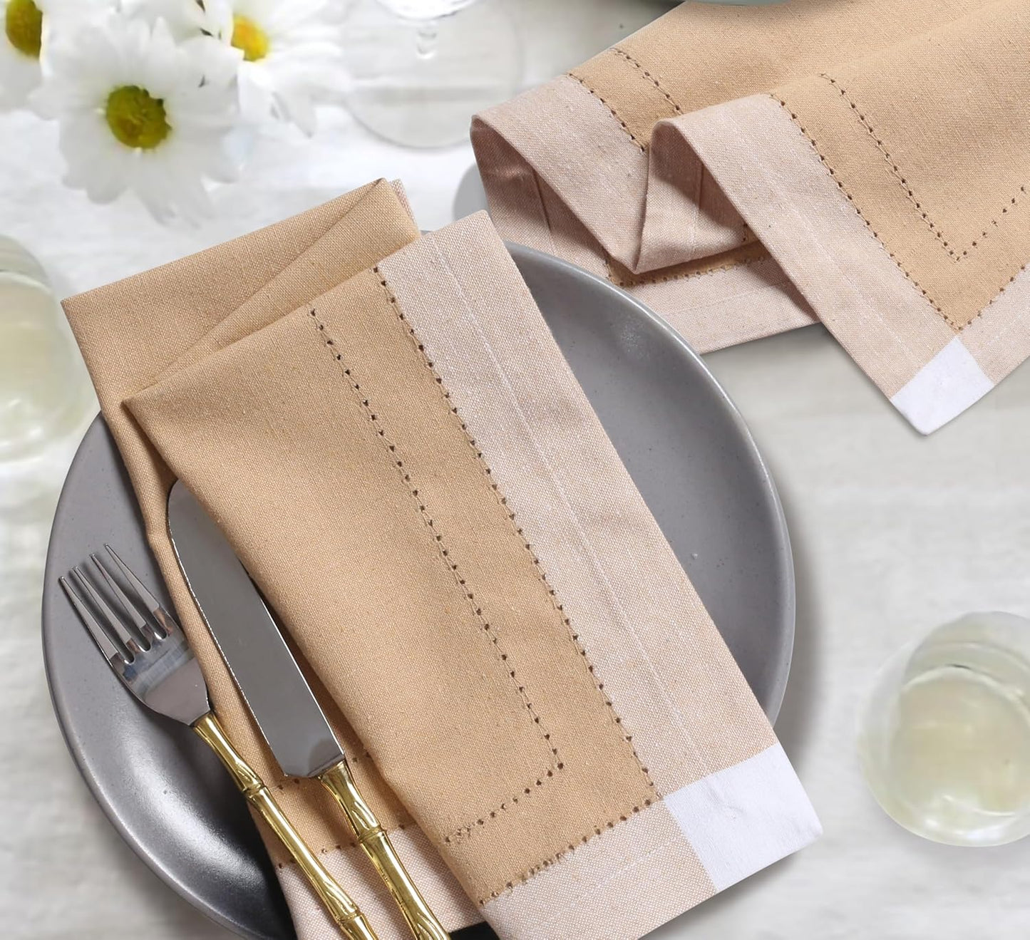 Bedding Craft Cotton Cloth Napkins Set of 12 – 20x20 Beige Multi Double Hemstitched – Machine Washable Dinner Napkins for Weddings, Easter & Special Occasions