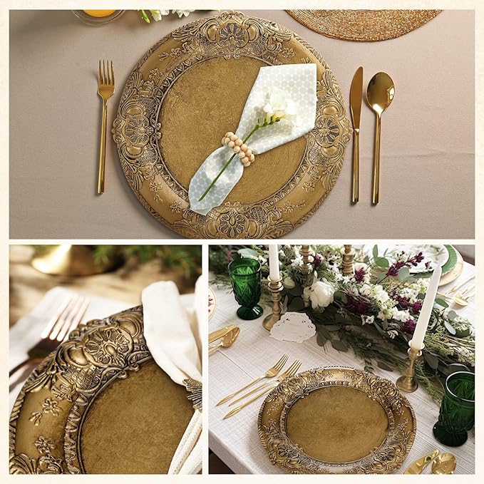 Mifoci Antique Gold Charger Plates Set of 12 Plastic Gold Chargers for Dinner Plates Decorative 13" Round Plate Bulk with Embossed Rim for Dinner, Party, Wedding