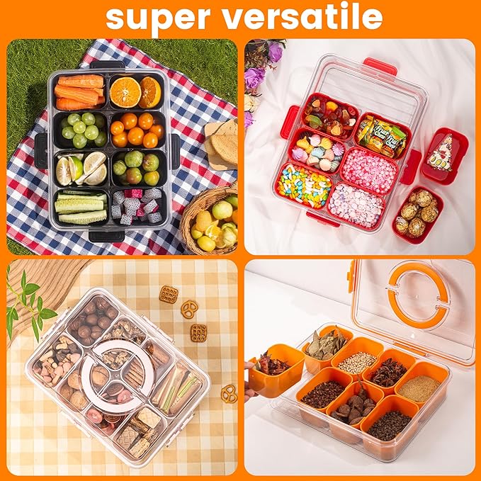 Divided Serving Tray with Lid and Handle - Snackle Box Charcuterie Container for Portable Snack Platters Organizer for Candy, Fruits, Nuts, Snacks - Perfect for Party, Entertaining, Red