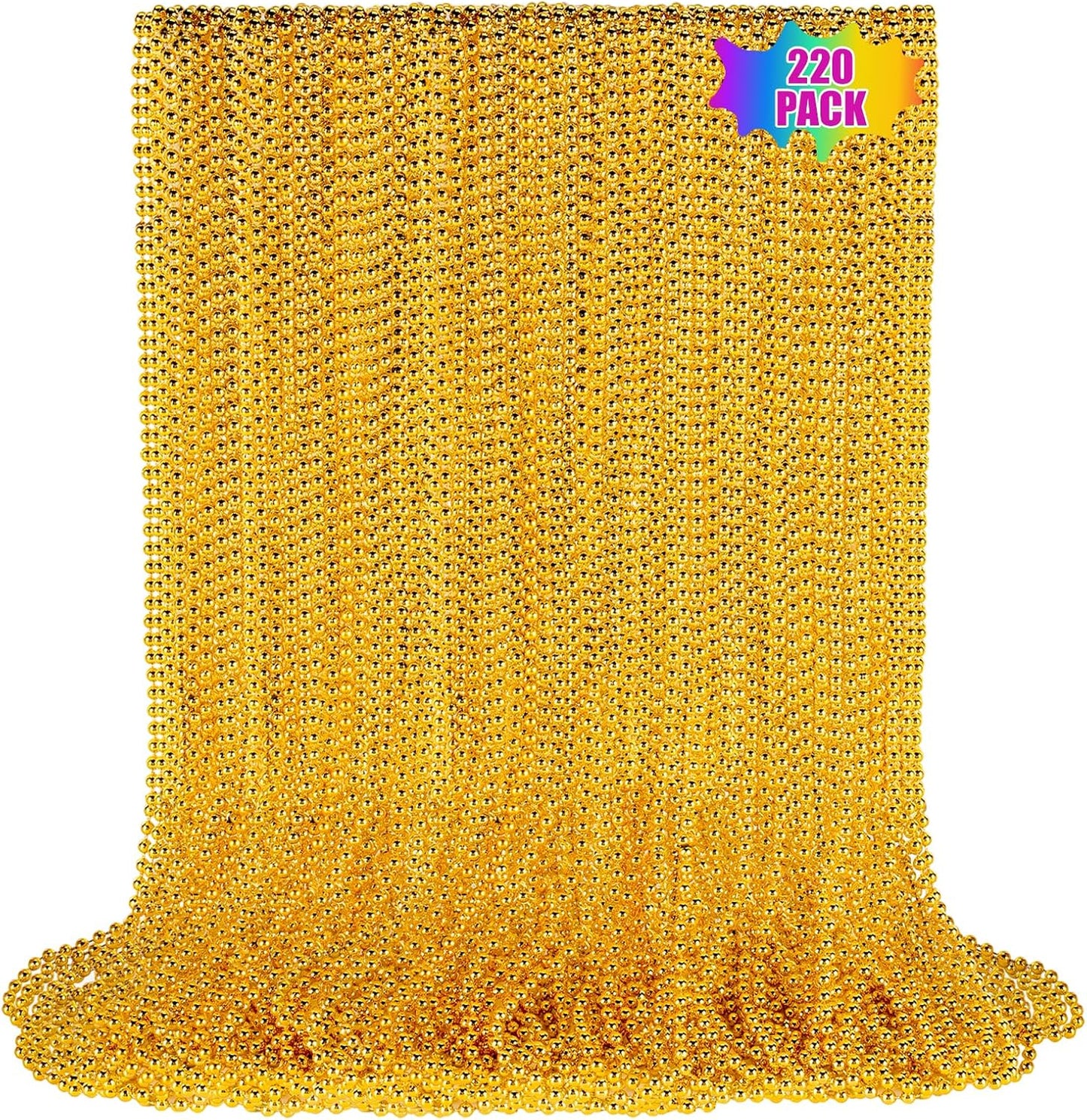 220 PCS Gold Bead Necklace, 33 Inch Mardi Gras Christmas Beads, Bulk Metallic Party Beads for Mardi Gras Parade, St Patricks Day, Wedding, Birthday, Pirate Party, Carnival Party Favors