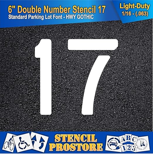 Pavement, Curb, and WheelStop Stencils - 6 inch Double Number Stencil - (17) - 6" x 6" x 1/16" (63 mil) - Light-Duty