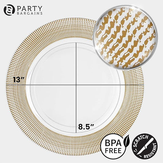 PARTY BARGAINS 13-Inch Charger Plates - 96 Pack, Clear Gold Textured Rim, Heavy-Duty Disposable Chargers for Elegant Dining - Ideal for Weddings and Formal Events