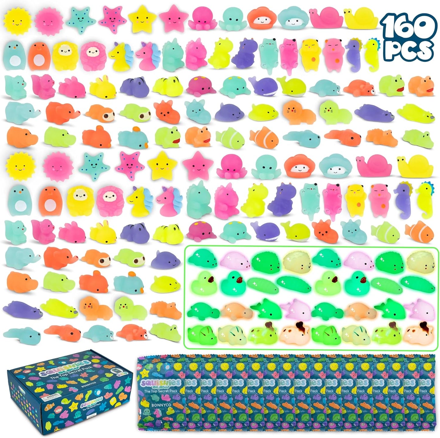 BONNYCO Mochi Squishy Toys Bulk for Kids Party Favors Pack 160. Goodie Bags Stuffers for Kids with Glow in The Dark, Return Gifts Birthday Party. Squishy Fidget Toys, Pinata Stuffers Birthday Kawaii
