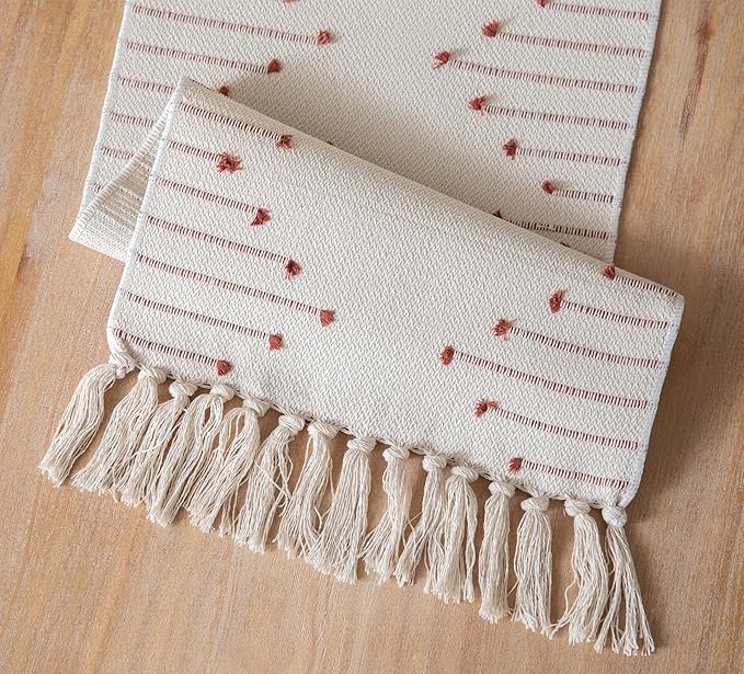 Caflife Boho Table Runner 13 x 108 Inch Long Natural Cotton Woven Runner with Tassels for Home Dining Table décor, for Modern Farmhouse Decor Coffee Table Runner, Rust and Beige