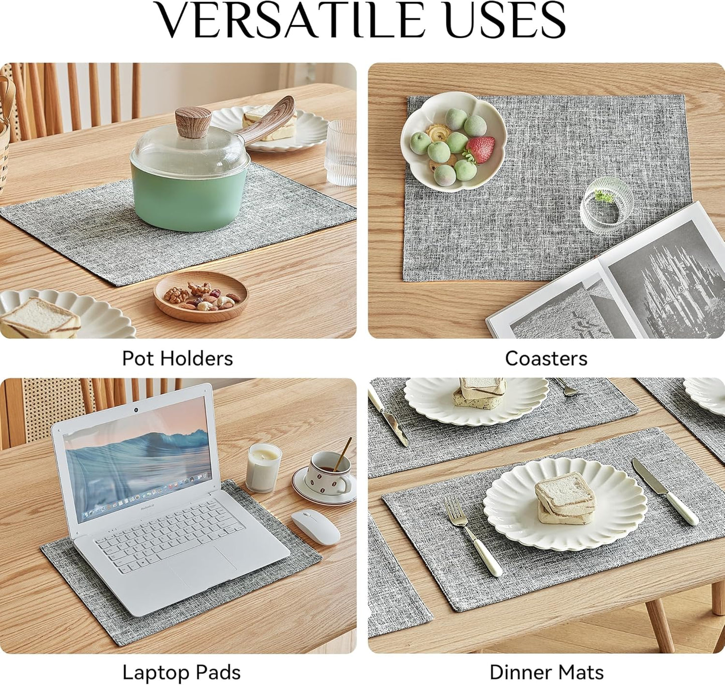 Softalker Faux Linen Placemats Set of 12-12 x 18 Inch, Heat Resistant Double Layered Durable Burlap Farmhouse Place Mats, Non-Slip Washable Rustic Table Mats for Dining, Kitchen, Party（Ash Grey
