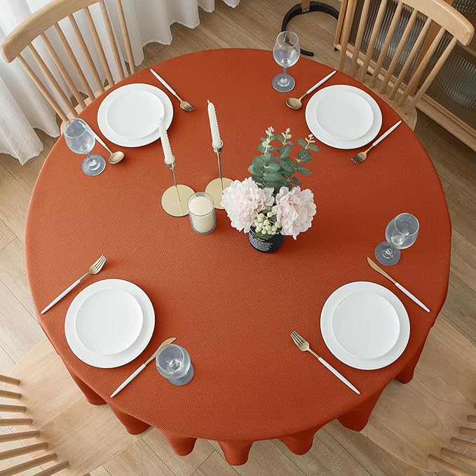 Biscaynebay Fall Tablecloth Textured Fabric Round Tablecloths 70", Rust Thanksgiving Autumn Harvest Water Resistant Fabric Tablecloths for Kitchen, Dining, Wedding, Parties Machine Washable