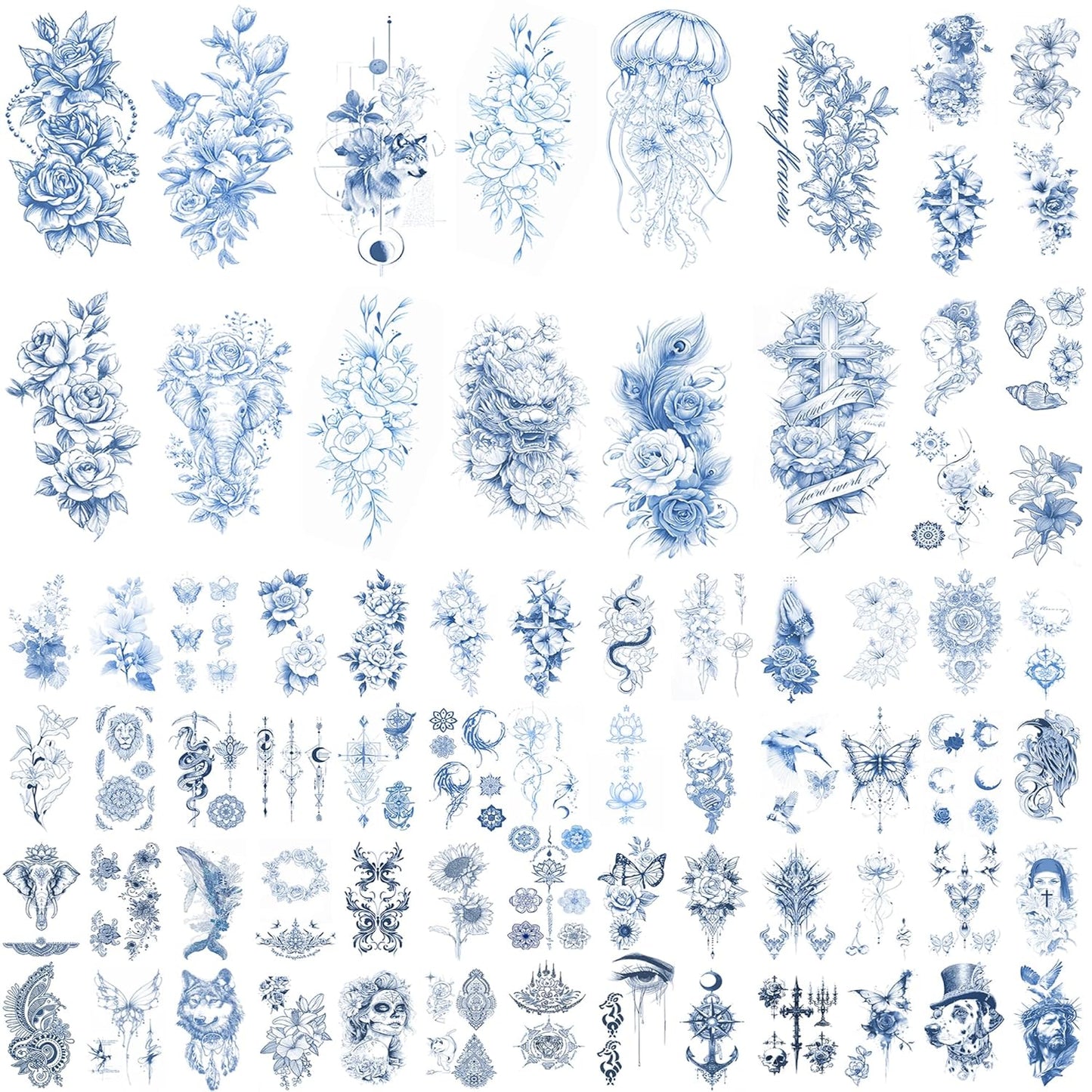 Women's Artistic Temporary Tattoos | Featuring Floral, Jellyfish, Elephant & Dragon-Head Patterns, Safe & Non-Toxic, Suitable for Daily Life, Parties & Travel (Sea Blue)