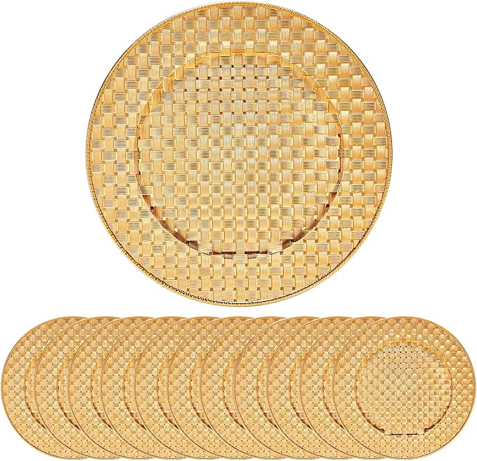 12 Pack Reusable Gold Charger Plates, 13 Inch Round Plastic Dinner Chargers, Decorative Centerpiece Plates for Home Decor, Thanksgiving, Christmas (Checkered Gold, 12 PCS)