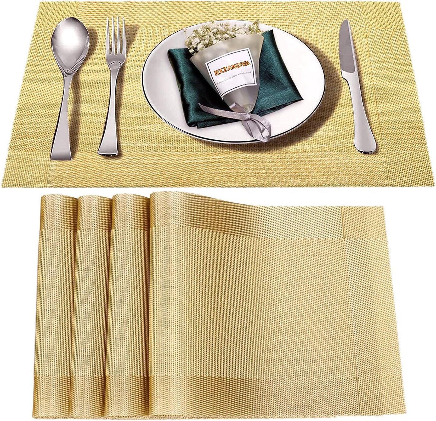 Placemats Set of 4,Washable,Heat and Stain Resistant Indoor/Outdoor Place mats,Vinyl Woven Non Slip Table Mats for Restaurant Table Protection,PVC Placemats(Gold 4PCS)