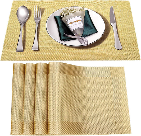 Placemats Set of 4,Washable,Heat and Stain Resistant Indoor/Outdoor Place mats,Vinyl Woven Non Slip Table Mats for Restaurant Table Protection,PVC Placemats(Gold 4PCS)