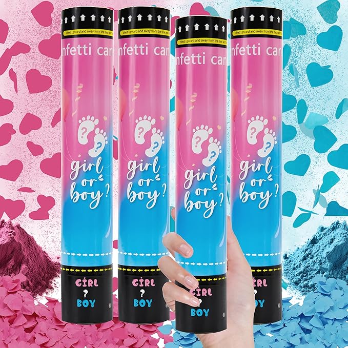 Crisky Gender Reveal Confetti Cannon Heart Shaped Confetti Poppers 2 Pink 2 Blue Baby Shower Baptism Party Cannons Shooter Blaster