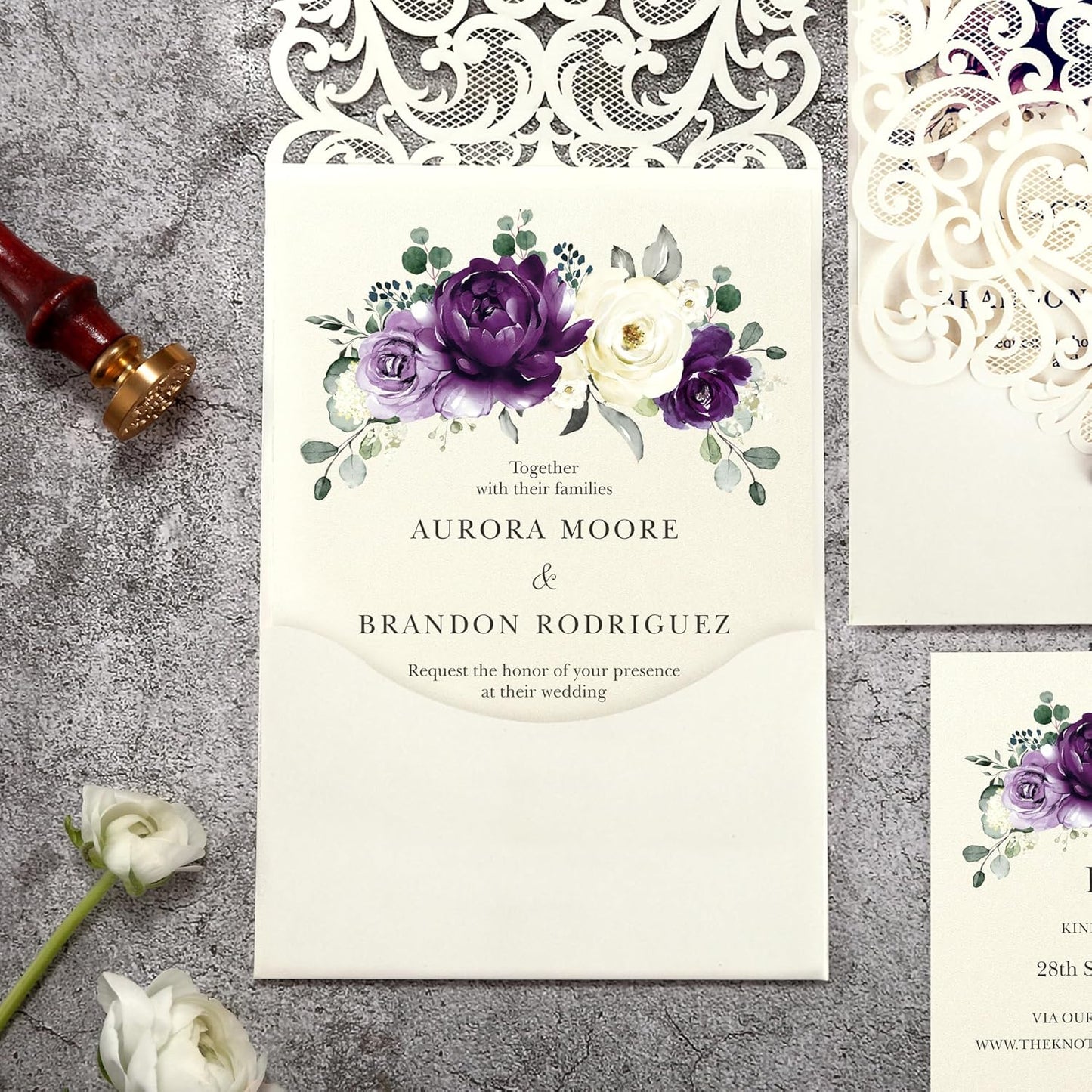50pcs Laser Cut Wedding Invitations with Envelopes and RSVP Cards Purple and Ivory White, 5x7.3 Personalized Invitation Cards for Wedding, Anniversary Invitations with Rhinestone