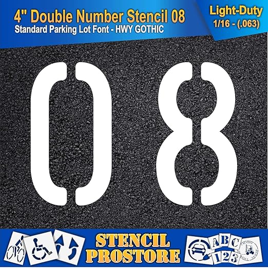 Pavement, Curb, and WheelStop Stencils - 4 inch Double Number Stencil - (08) - 4" x 5.5" x 1/16" (63 mil) - Light-Duty