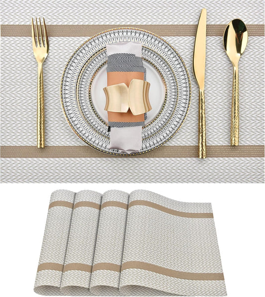 SLKQG Beige White Placemats Set of 4 - Easy Clean Modern Washable Plastic Place Mats - Heat Resistant Placemats for Kitchen Table - PVC Table Mats for Dining Table(Beige White with Stripes, 4)