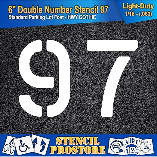 Pavement, Curb, and WheelStop Stencils - 6 inch Double Number Stencil - (97) - 6" x 9" x 1/16" (63 mil) - Light-Duty
