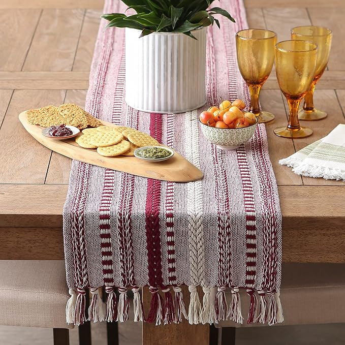 DII Farmhouse Braided Stripe Table Runner Collection, 15x108 (15x113, Fringe Included), Wine