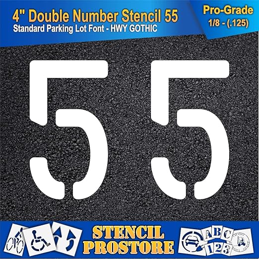 Pavement, Curb, and WheelStop Stencils - 4 inch Double Number Stencil - (55) - 4" x 5.5" x 1/8" (128 mil) - Pro-Grade