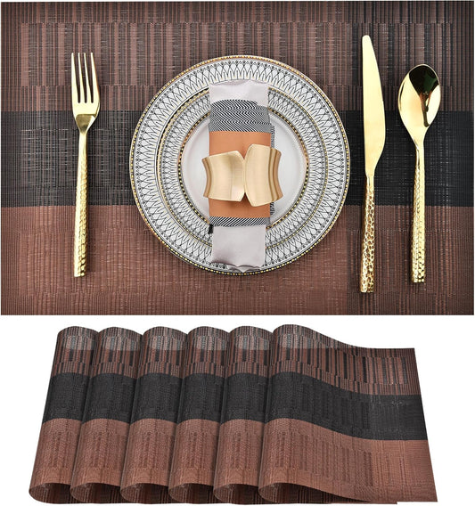 SLKQG Placemats Set of 6 - Easy Clean Modern Durable Washable Vinyl Place Mats - Heat Resistant Placemats for Kitchen Table - PVC Table Mats for Dining Table (Brown Black, 6)