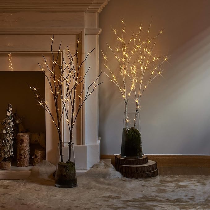 LITBLOOM Lighted Brown Willow Branches with Timer Battery Operated Set of 2 Tree Branch with Warm White Lights for Holiday and Party Decoration 32IN 100 LED Waterproof